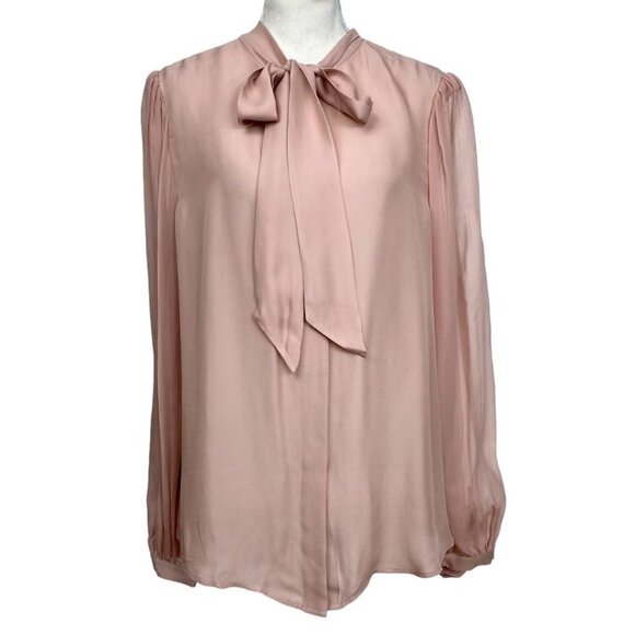 NWT 7 FOR ALL MANKIND SILK BLEND BLUSH PINK TIE-NECK SHEER BLOUSE - L - Picture 1 of 12